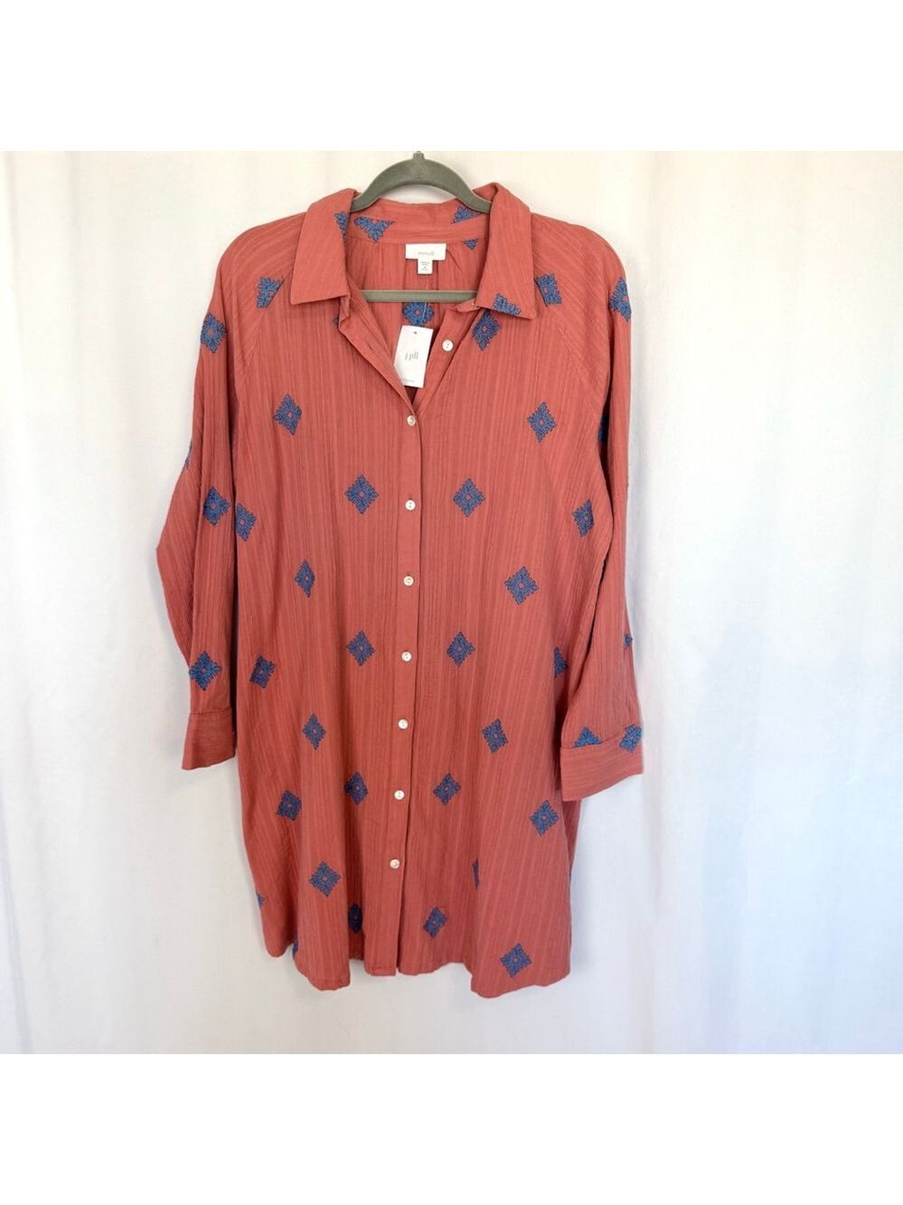 NWT Pure Jill Embroidered Shirtdress Women's Medium Petite Coral - Picture 9 of 16